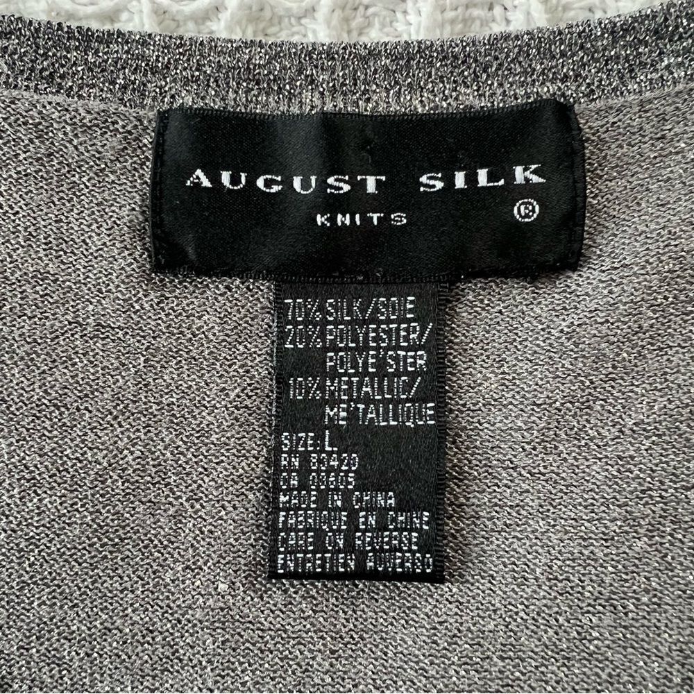 August Silk Shimmering Metallic Silver Knit Cardigan & Turtleneck Twinset SZ L - Picture 12 of 15